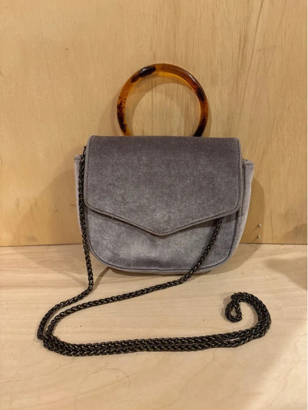 Anthropologie Gray Velvet Crossbody Bag Faux Tortoise Shell Ring Handle Chain